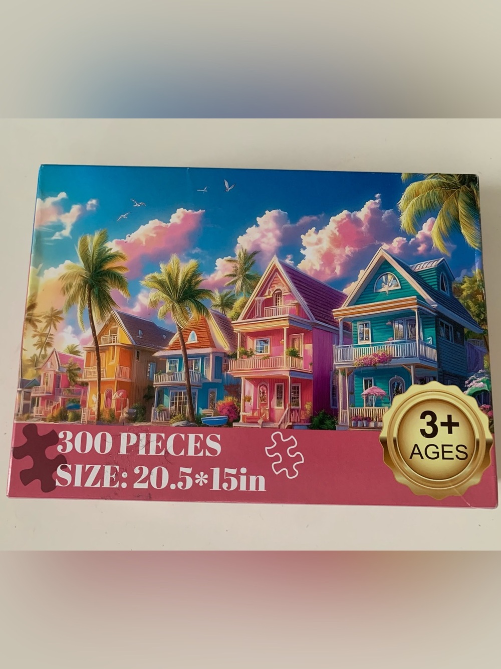 Colorful Coastal Houses 300-Piece Jigsaw Puzzle - Pink Box